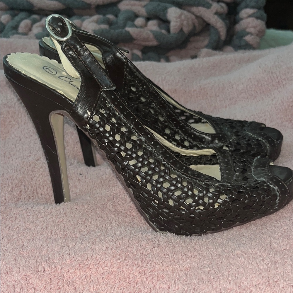 Charlotte Russe Espresso Brown Woven Peep-Toe Heels